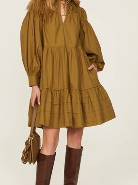 Ulla Johnson Rosa Dress Tiered Long Sleeve Mini Dress in Olive